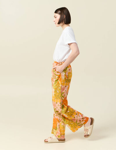 Pantalon large taille haute en coton orange corail femme