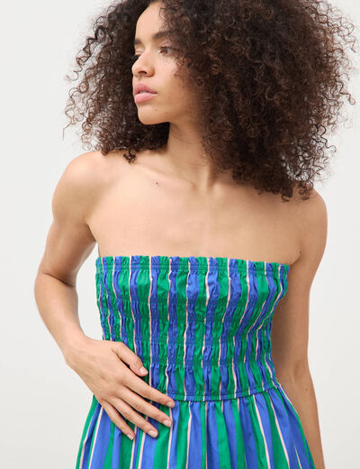 Robe bretelles col carr&eacute; en coton bleu femme