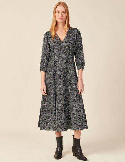 Robe droite 3/4 col v manches fluides noir femme