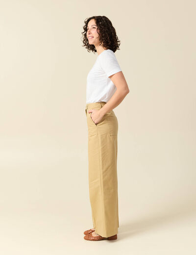 Pantalon large taille haute beige femme