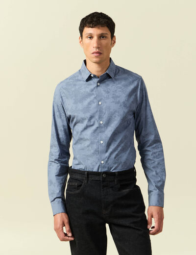 Chemise cintr&eacute;e en coton manches longues bleu homme