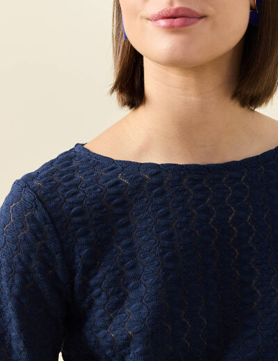 T-shirt manches longues ajouré bleu marine femme