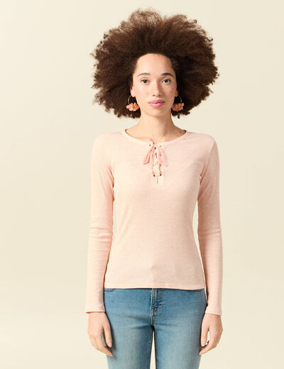 T-shirt cintr&eacute; manches longues col rond rose champagne femme