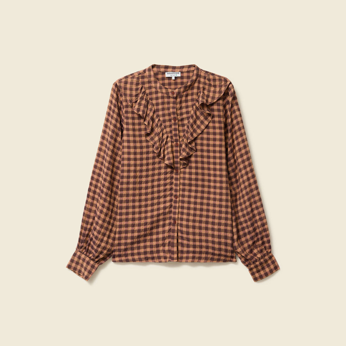 Chemise &agrave; volants manches longues marron fonc&eacute; femme