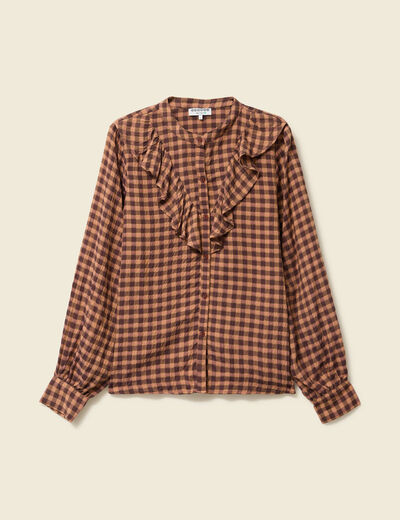 Chemise &agrave; volants manches longues marron fonc&eacute; femme