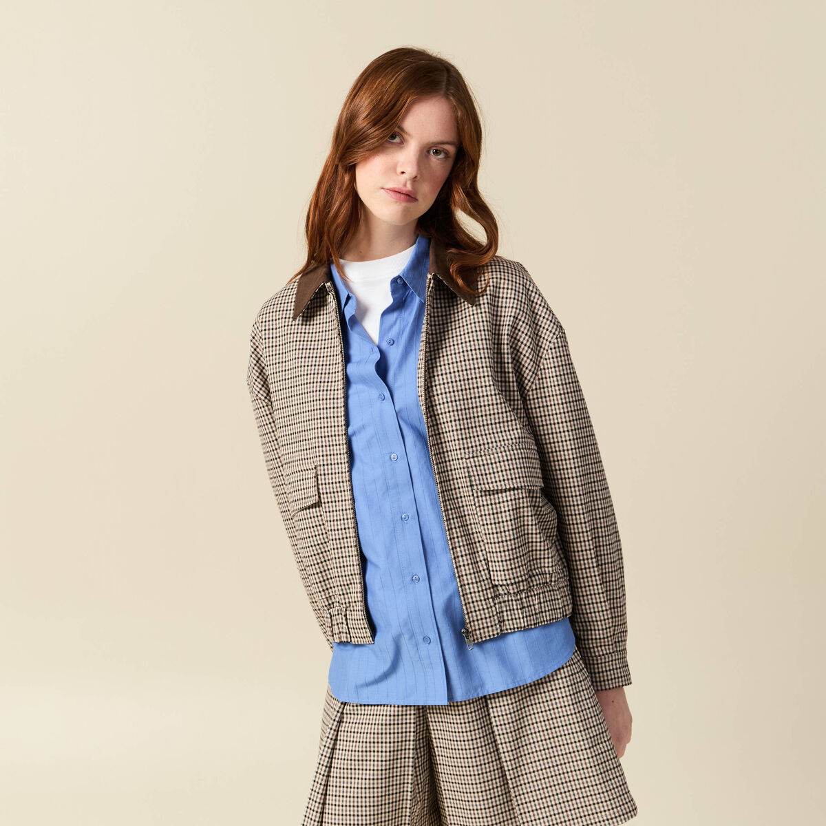 Blouson oversize manches longues doubl&eacute; marron femme