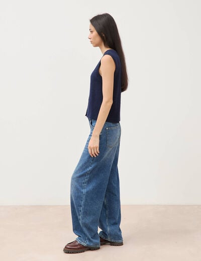 Pull droit court sans manches col rond bleu marine femme