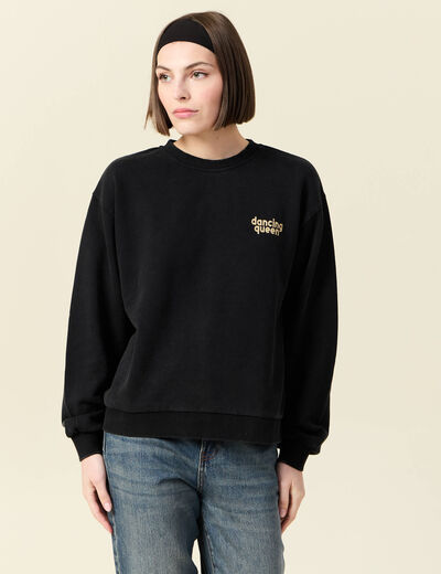 Sweat col rond manches longues en coton noir femme