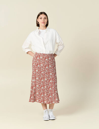 Jupe midi droite fluide bleu gris femme