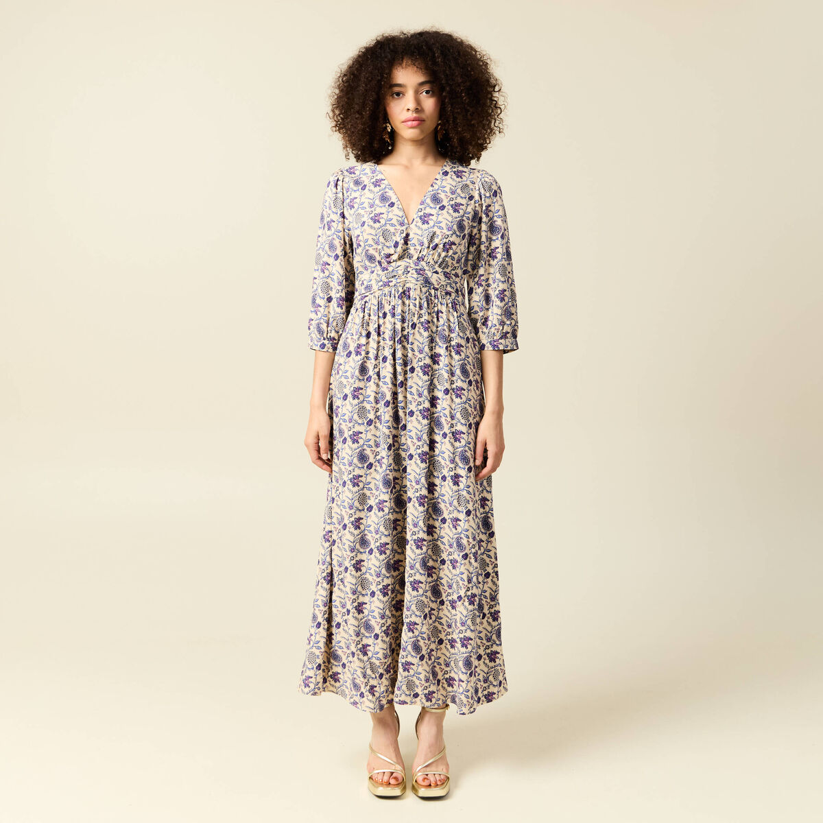 Robe col V manches longues bleu femme