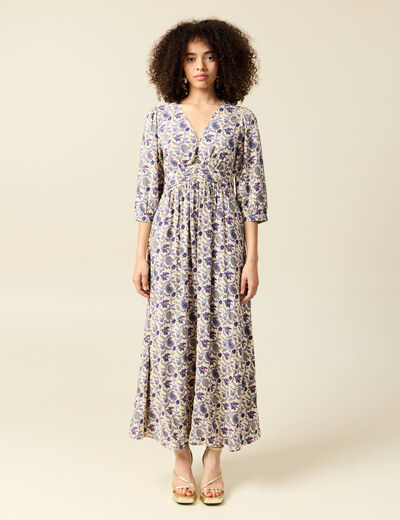 Robe col V manches longues bleu femme