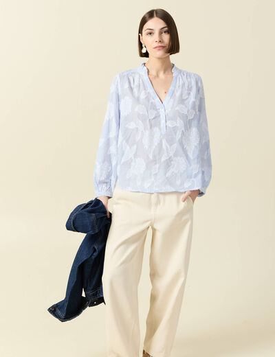 Chemise en coton col V manches longues bleu gris femme