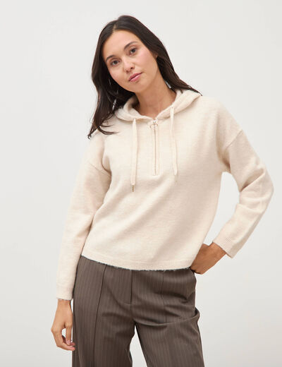 Pull &agrave; capuche zipp&eacute; beige femme
