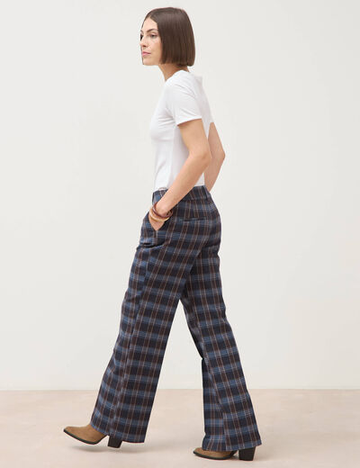 Pantalon flare &agrave; carreaux taille haute bleu gris femme