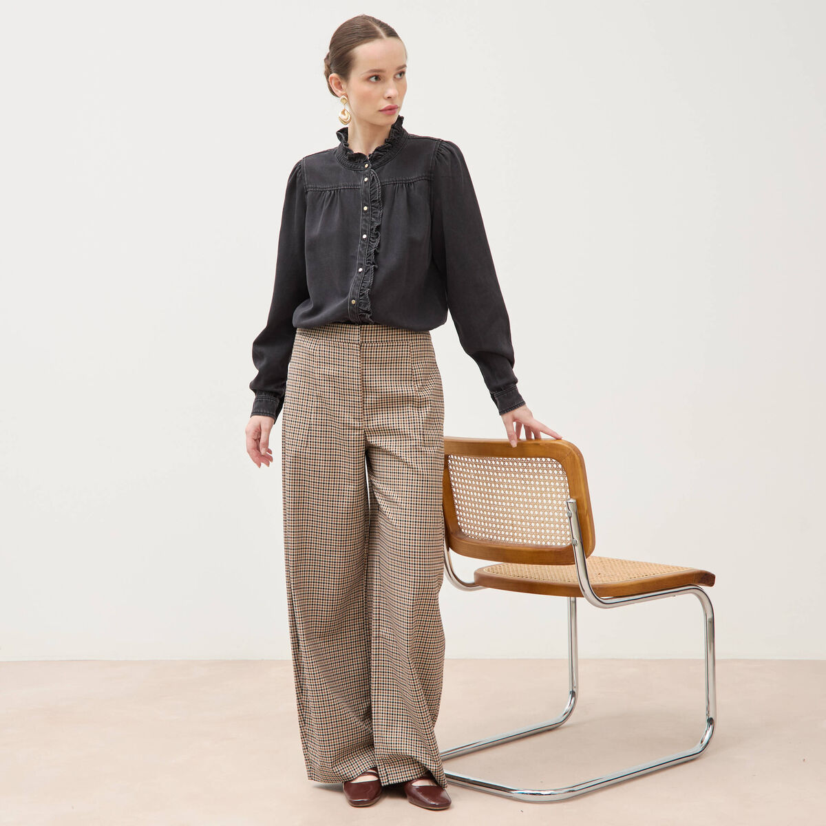 Pantalon barrel bas resserr&eacute; &agrave; carreaux ficelle femme