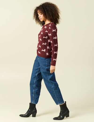 Pull de no&euml;l col rond manches longues prune femme