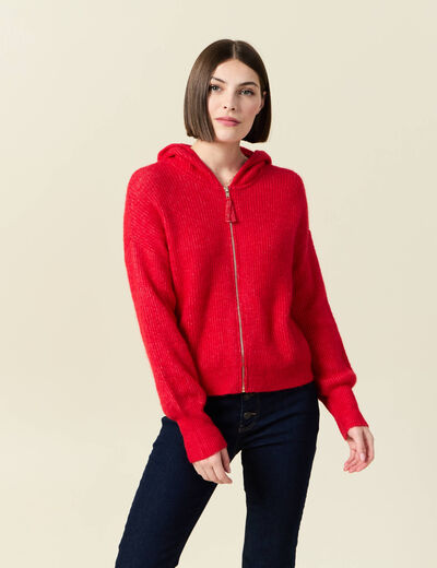 Gilet manches longues capuche rouge femme
