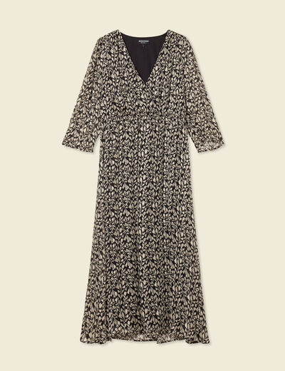 Robe longue évasée manches 3/4 noir femme