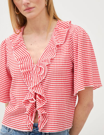 T-shirt col V &agrave; volants manches courtes rouge fonc&eacute; femme