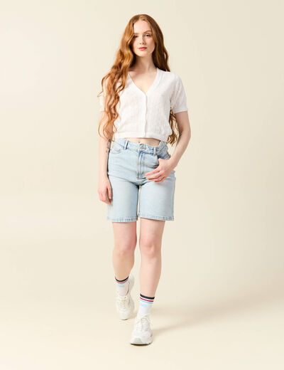 Gilet manches courtes ajouré ecru femme