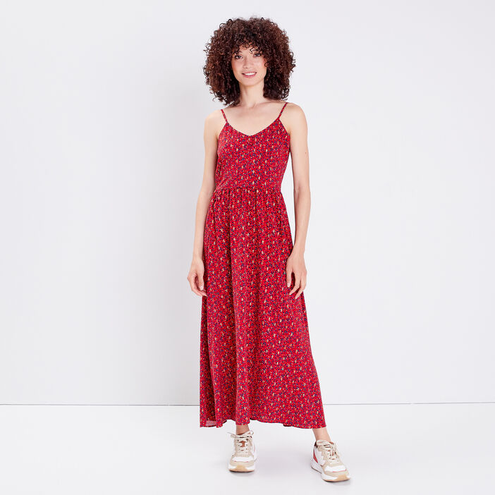 Robe longue évasée à bretelles rouge femme
