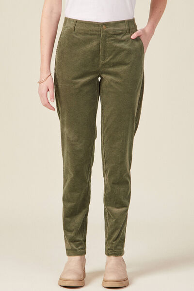 Pantalon chino velours côtelé vert kaki femme
