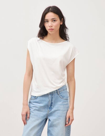 T-shirt col bateau manches courtes ecru femme