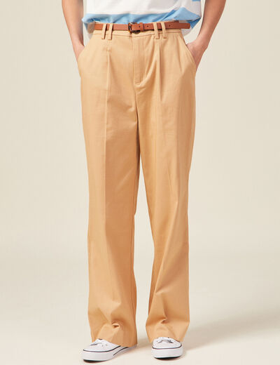 Pantalon large ceinture pinces marron clair femme