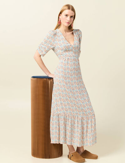 Robe longue évasée col en V blanc femme