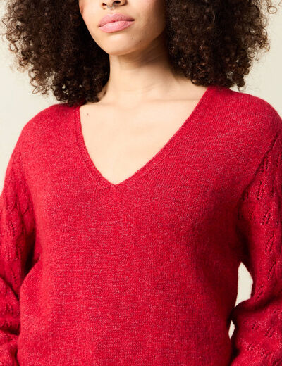 Pull ajouré col V manches longues rouge femme