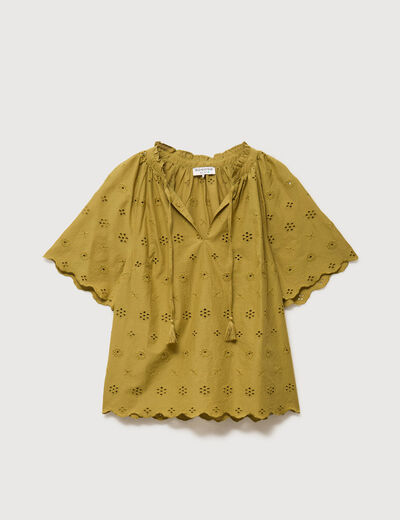 Blouse col v manches 3/4 en coton brod&eacute;e vert olive femme