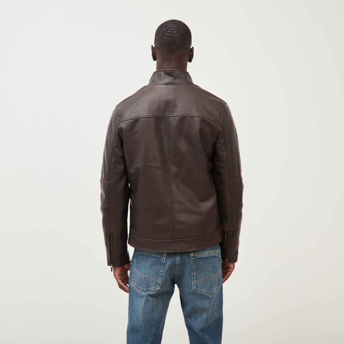 Blouson cintr&eacute; similicuir col montant marron fonc&eacute; homme