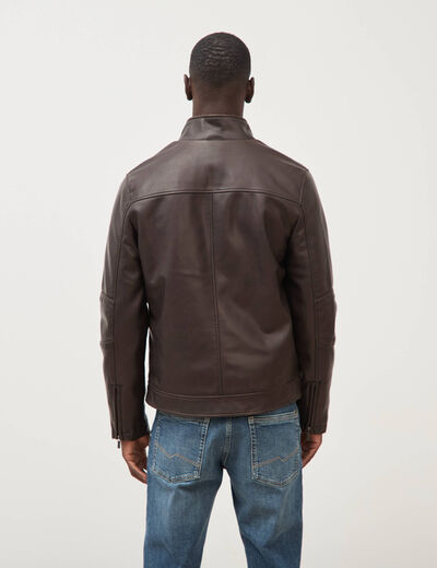 Blouson cintr&eacute; similicuir col montant marron fonc&eacute; homme