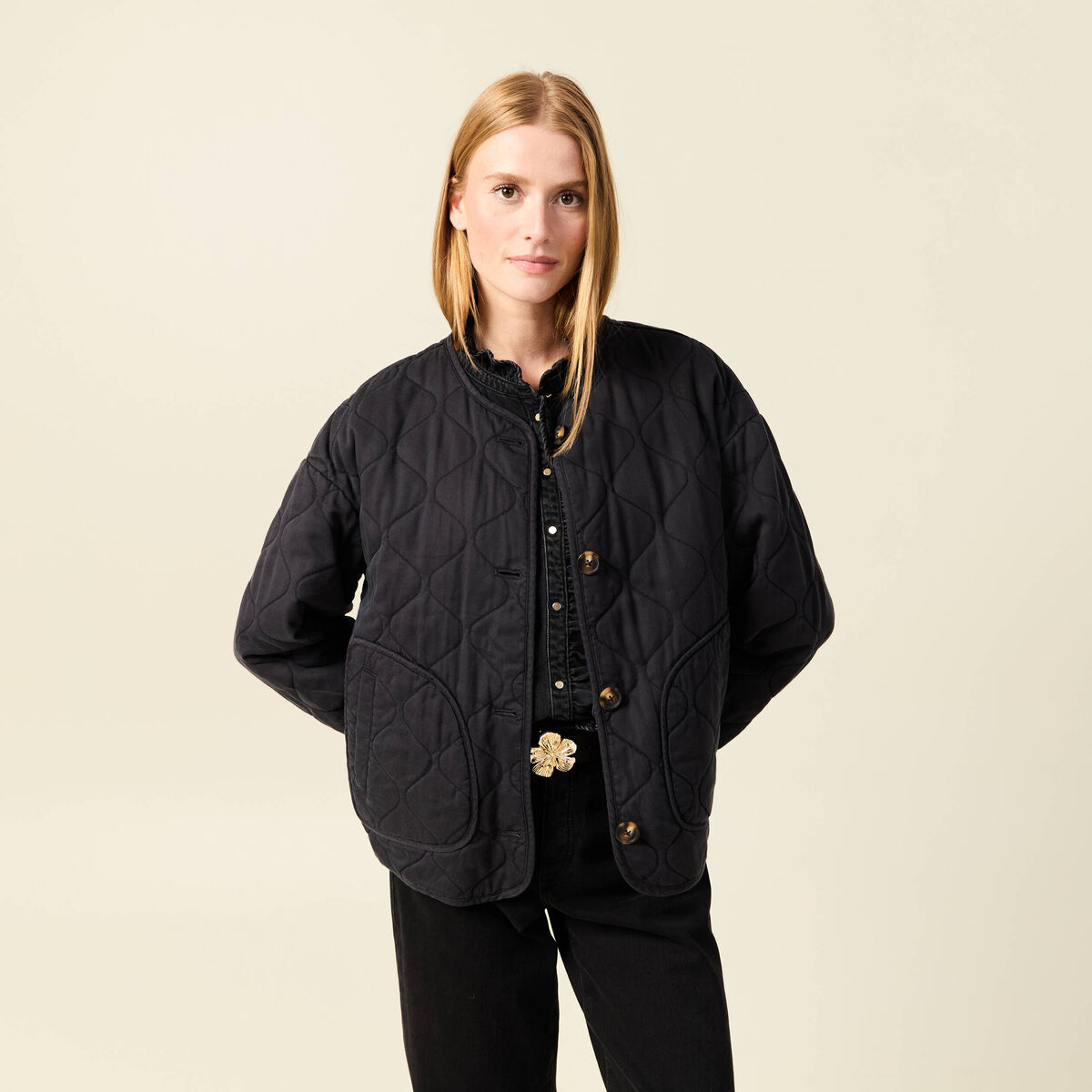 Veste oversize manches longues doubl&eacute;e gris fonc&eacute; femme