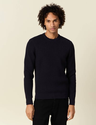 Pull manches longues col rond bleu fonc&eacute; homme