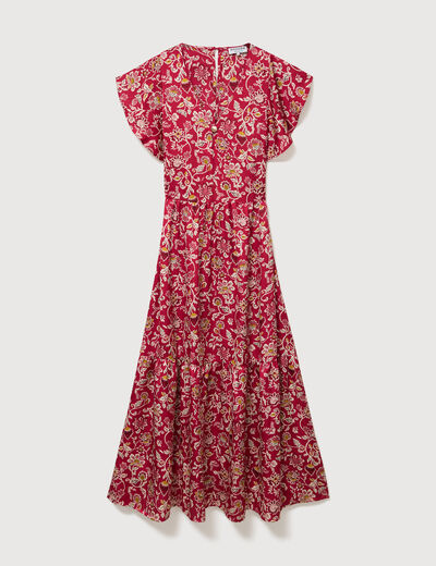 Robe fluide col v manches courtes rouge cerise femme