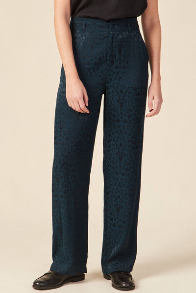 Pantalon large satin bleu canard femme