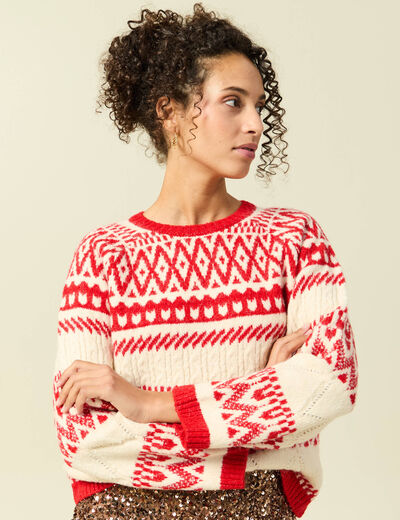 Pull manches longues col rond rouge femme