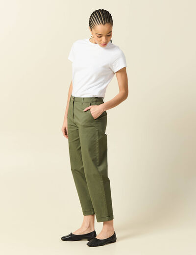 Pantalon taille haute fluide vert kaki femme