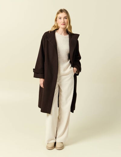 Manteau droit long col montant marron fonc&eacute; femme