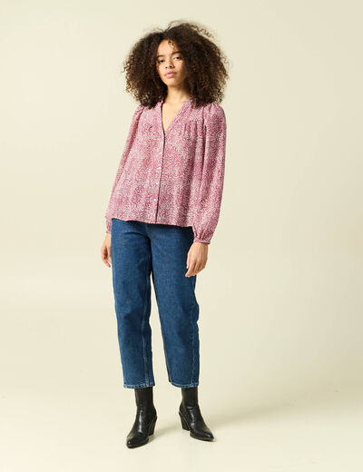 Blouse manches longues col V rose femme