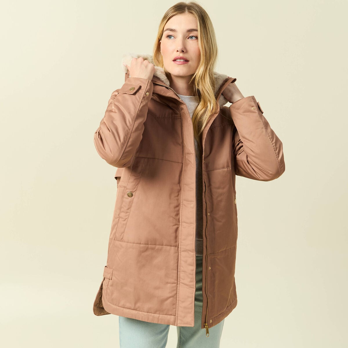 Parka droite &agrave; capuche marron clair femme