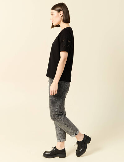 T-shirt manches courtes brodé noir femme