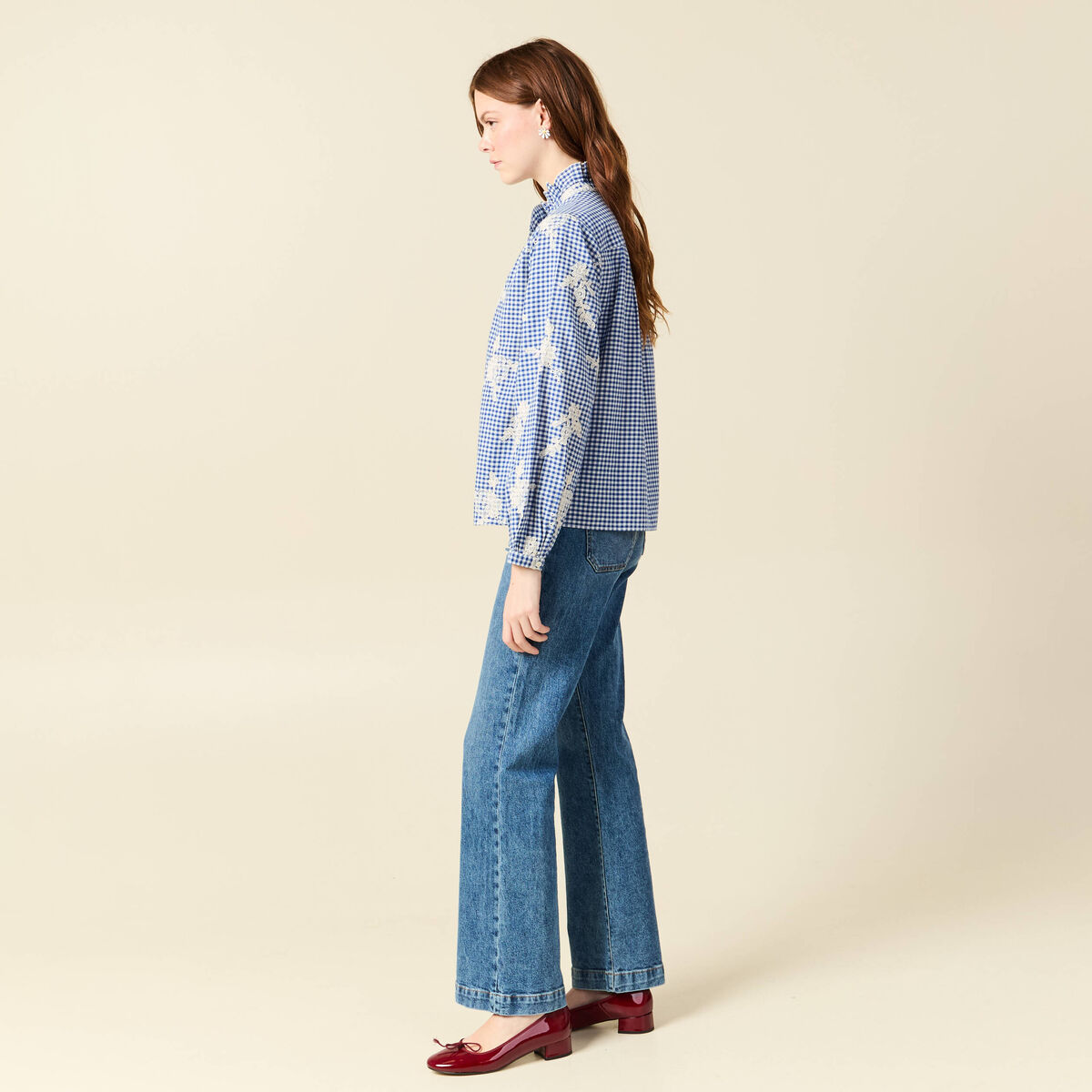 Chemise vichy manches longues en coton bleu marine femme