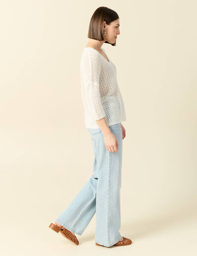 Pull ajour&eacute; col v manches 3/4 ecru femme