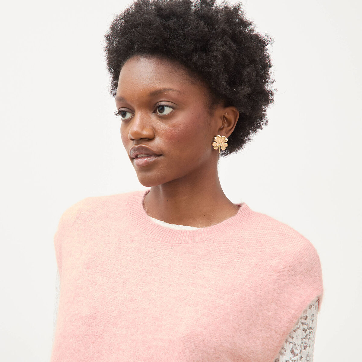 Pull droit court sans manches col rond rose pastel femme