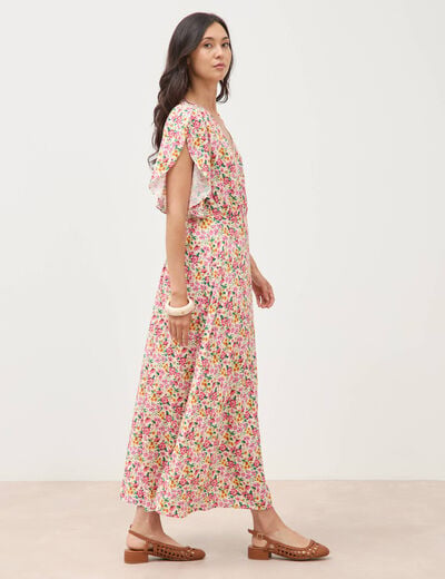 Robe fluide col v manches courtes multicolore femme
