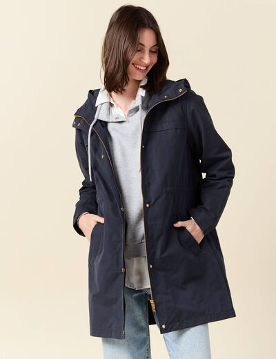 Parka longue à capuche bleu foncé femme