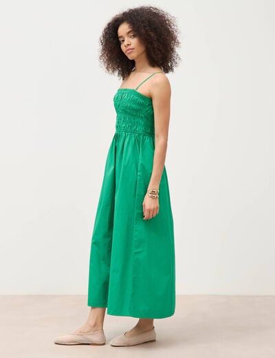 Robe bretelles col carr&eacute; en coton vert femme