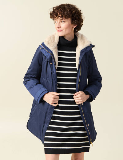 Parka droite à capuche bleu marine femme